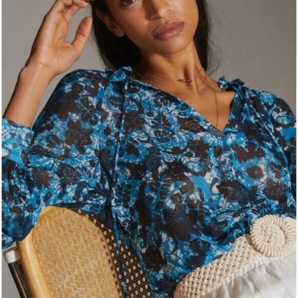 Anthropologie Blue Sheer Printed Peasant Blouse  Size XS - Picture 1 of 9